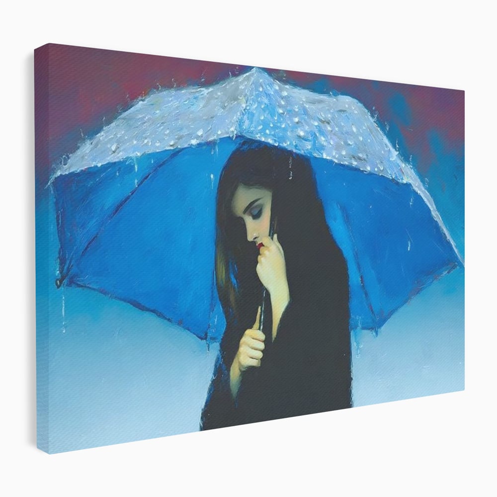Tablou canvas cu pictura cu femeie sub umbrela albastra, fara rama, pe sasiu de lemn